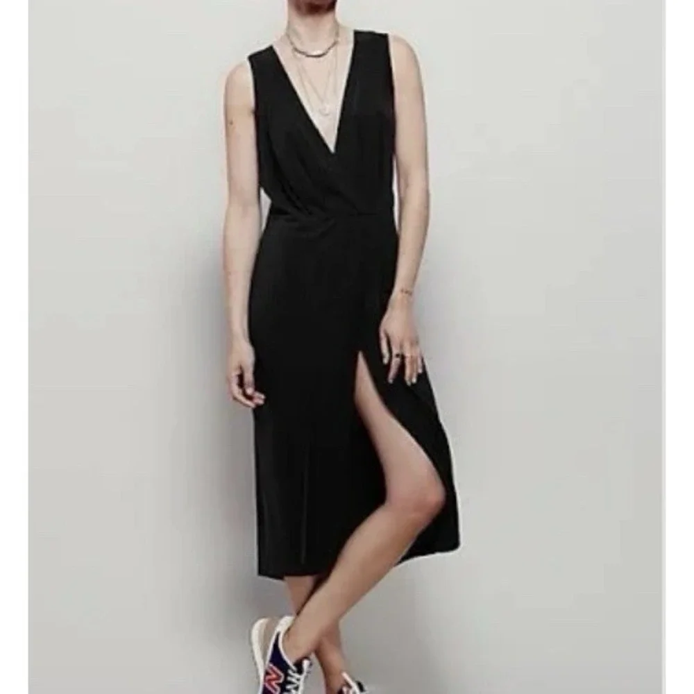 Free People Rising Sun Dress Small Black Ribbed Stretch Wrap V-Neck Front‎ Slit